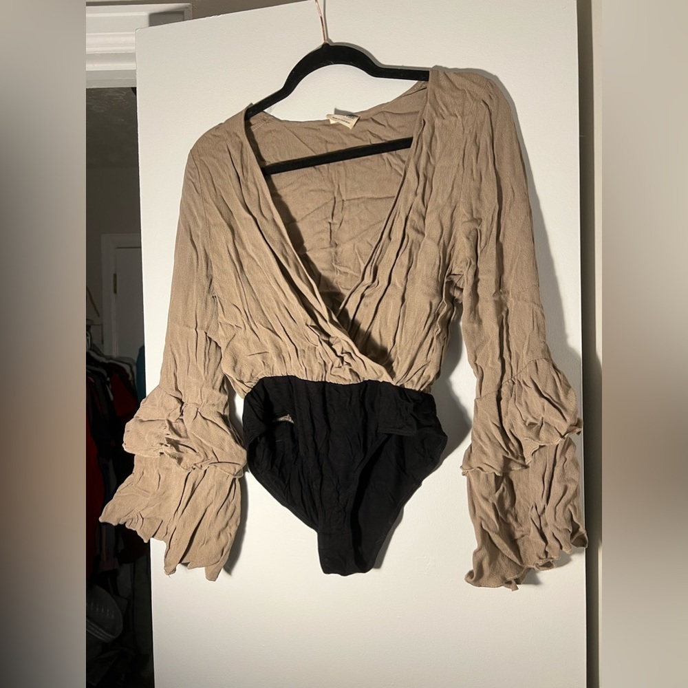 Tan Deep V-Neck Peach Love Bodysuit